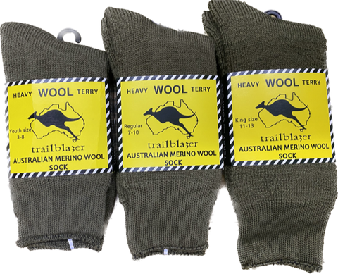 Heavy Duty Khaki Australian Merino Wool Socks - Youth / Regular / King Size